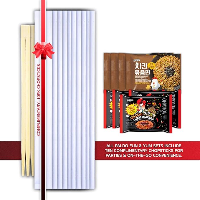 Paldo Fun &amp Yum Hot &amp Spicy Chicken Noodles Set 4 Pack of Volcano &amp 4 Pack of Soy Seasoning Stir-Fried Noodles with 10 Disposable Chopsticks Spicy Ramen Challenge 볼케이노 치킨볶음면 &amp 매콤 치킨