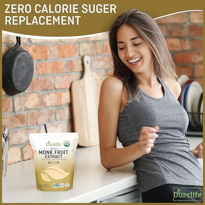Durelife Organic 100% Pure Monk Fruit sweetener No Erythritol Monkfruit Extract Powder USDA organic NON-GMO Project Verified Keto Certified OU kosher No Fillers Zero Calorie Sugar Substitute 15