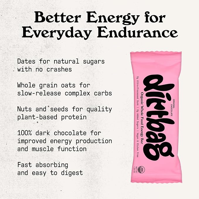 Dirtbag Bar Organic Whole Food Energy Bar with Clean Plant Protein Original Chocolate 8 Pack Dates Oats Nuts 100% Dark Chocolate NO Ultra-Processed Gunk Vegan &amp Gluten Free.
