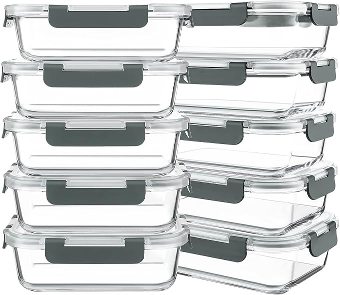 KOMUEE 10 Packs 30 oz Glass Meal Prep ContainersGlass Food Storage Containers with LidsAirtight Lunch Bento BoxesMicrowaveFreezer and DishwasherGray