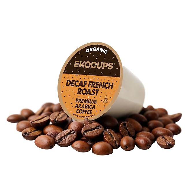 EKOCUPS Organic Swiss Water Decaf French Roast Coffee Pods Extra 30% More Coffee Per Cup Artisan Fair Trade Dark Roast for Keurig K Cup Machines Recyclable Pods 40 Count