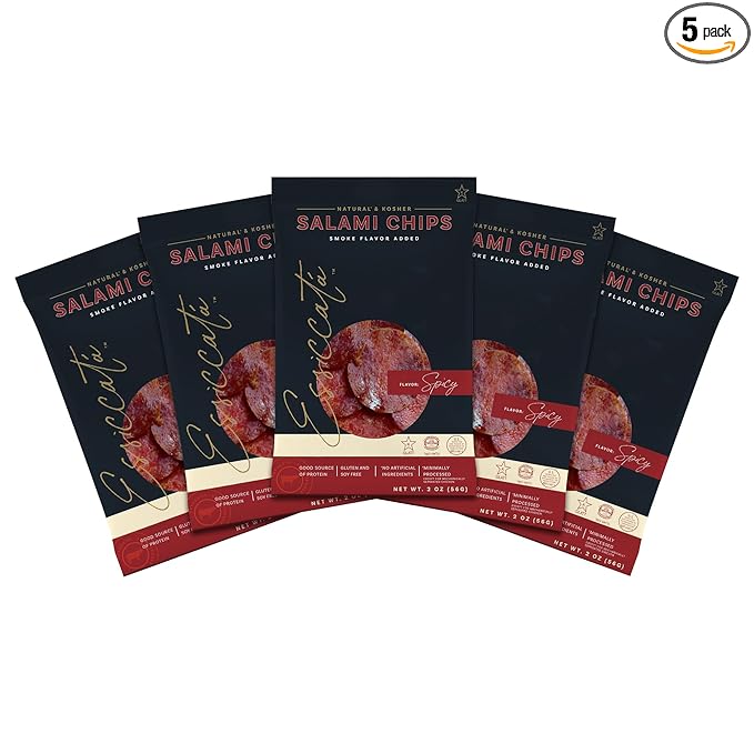 Meats Kosher Salami Chips - Sliced Sausage Charcuterie Meat - Natural Friendly - 2 oz Spicy 5 Pack