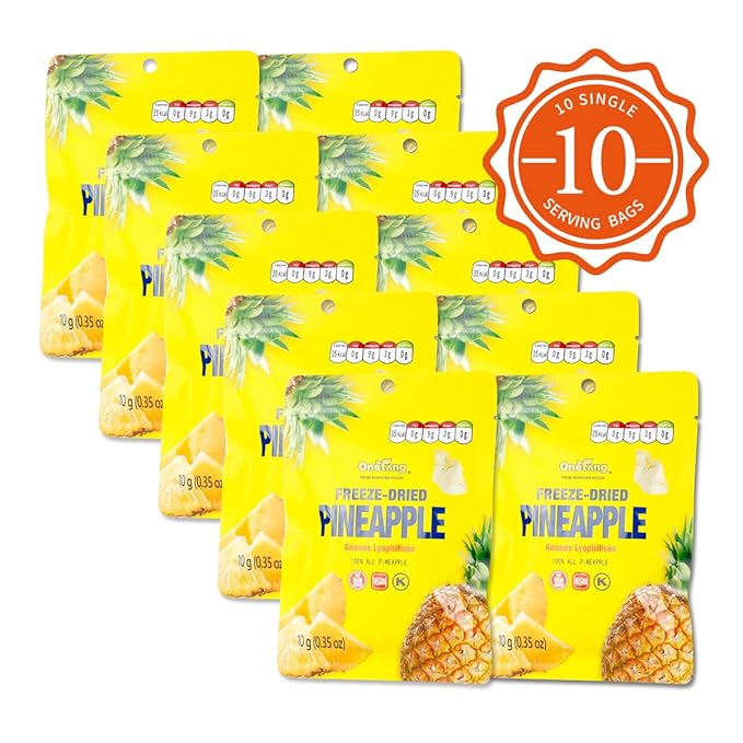 ONETANG Freeze-Dried Fruit Pineapple Chips 10 Pack Single-Serve Pack Non GMO Kosher No Add Sugar Gluten free Vegan Holiday Gifts Healthy Snack 0.35 Ounce