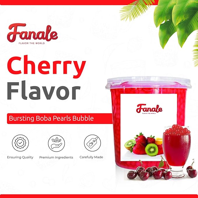 Fanale Cherry Popping Boba Pearls Vegan Non GMO Gluten Free Fat Free Perfect for Bubble Tea Smoothies Ice Cream Desserts and Beverages.