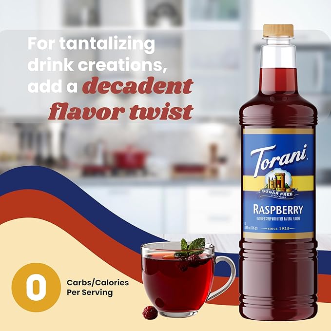 Torani Sugar Free Raspberry Syrup 1 Liter Bottle with Pump Dispenser – Zero Sugar Zero Calories Keto Friendly Gluten Free Sweet &amp Tart Raspberry Flavor for Coffee Lemonade Cocktails &amp Mor