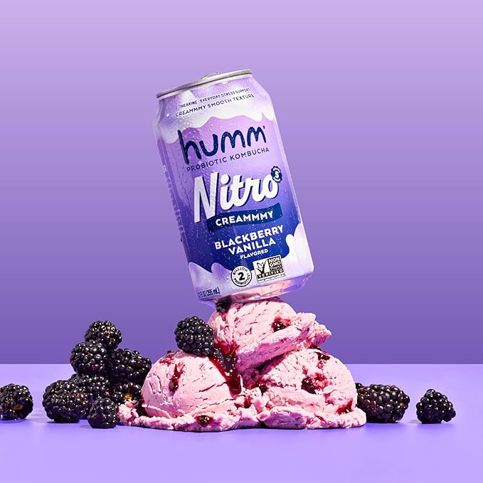 Humm Nitro Kombucha Blackberry Vanilla Creamy Smooth Probiotic Drink with L-Theanine Non-GMO Vegan Gluten Free 12 fl oz (Pack of 12)