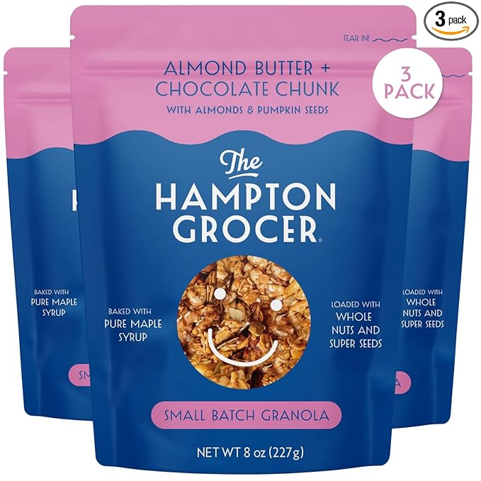 The Hampton Grocer Almond Butter &amp Chocolate Chunk Granola 3 pack - Gluten-Free Dairy-Free Organic Oats &amp Pumpkin Seeds Sweetened with Maple Syrup - Low Sugar Crunchy Small-Batch 8oz