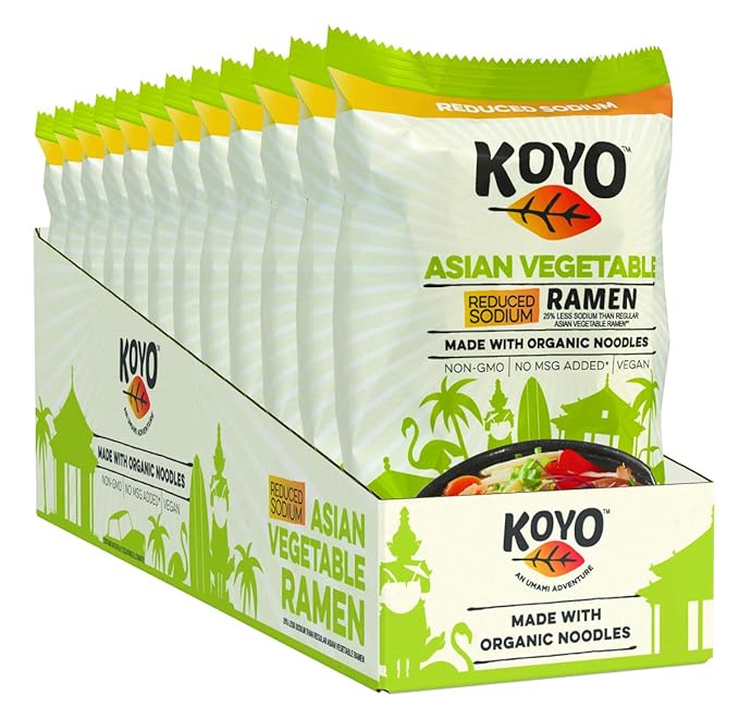 Koyo Ramen Soup Asian Vegetable Reduced Sodium Made With Organic Noodles No MSG No Preservatives Vegan 2.1 Ounce Per Package (12 Pack)