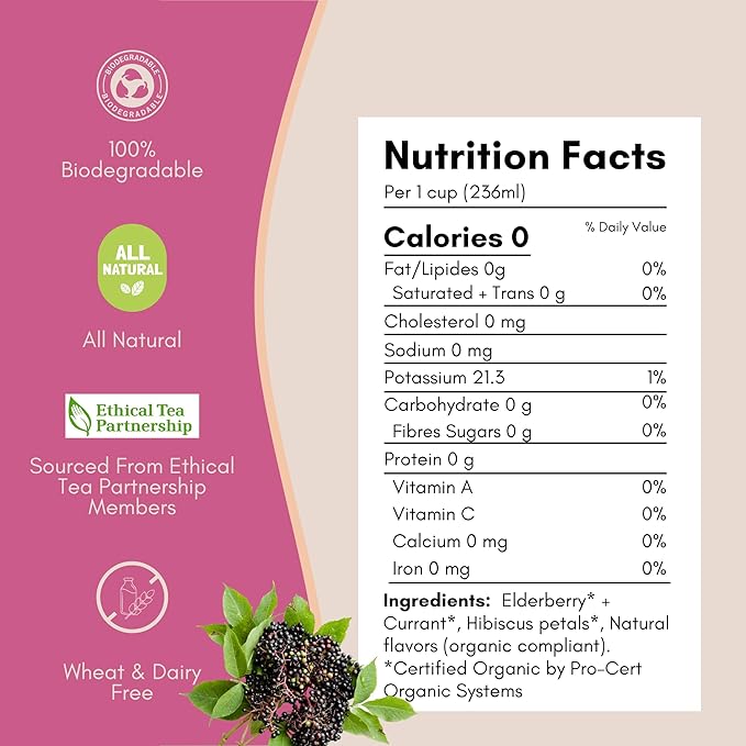 Tease Tea Organic Hibiscus Berry Booster – Elderberry Herbal Tea Caffeine-Free with Hibiscus Currant &amp Natural Flavors Supporting Daily Wellness and Vitality