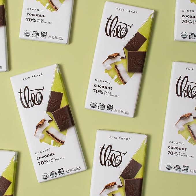 Theo Chocolate Coconut Organic Dark Chocolate Bar 70% Cacao 12 Pack | Vegan Fair Trade