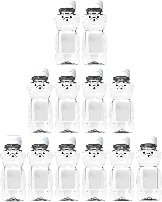 12 Ounce Clear Plastic Squeezable Honey Bears with Sealable Flip Top Lids - BPA Free Hand Wash Only (White 12 Pack)