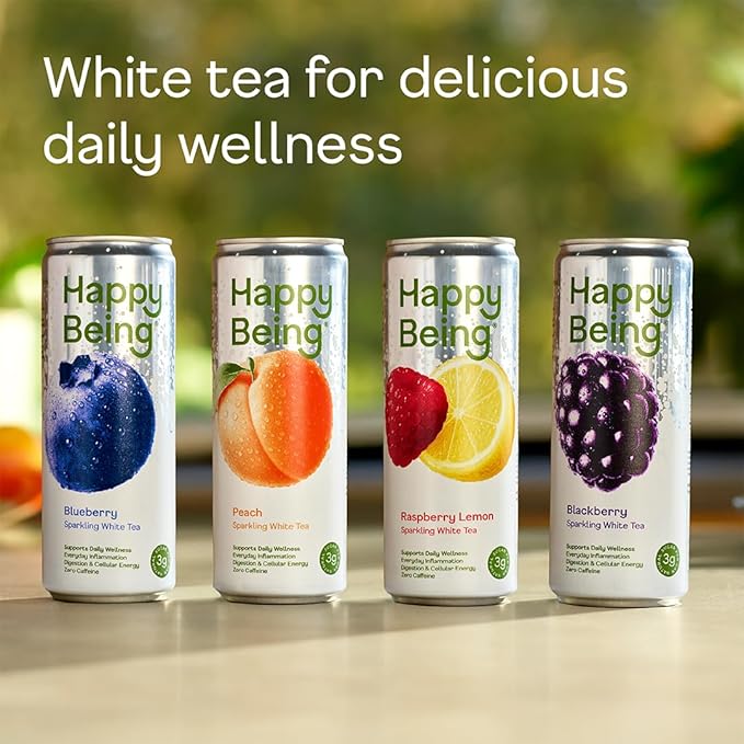 Happy Being White Tea Sparkling Variety Pack – Blueberry Blackberry Peach Raspberry Lemon Antioxidant &amp Polyphenol Rich Infused with Turmeric Elderberry Caffeine Free Plant-Based Low Suga