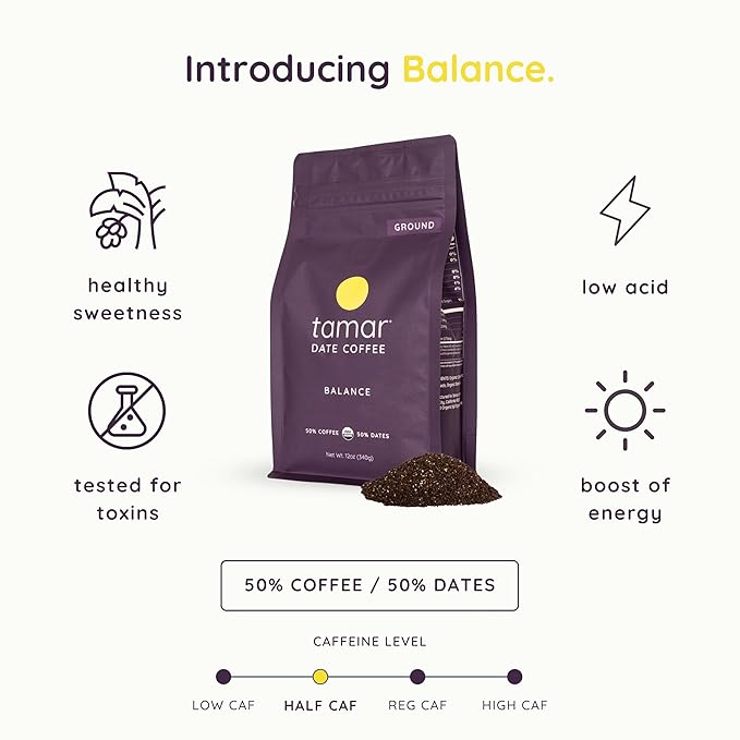 Balance by Tamar Date Coffee | Organic Ground Blend of Coffee &amp Whole Dates | Low Acid | Less Caffeine | Healthy Sweetness | Boost of Energy | Medium Roast | 12oz bag