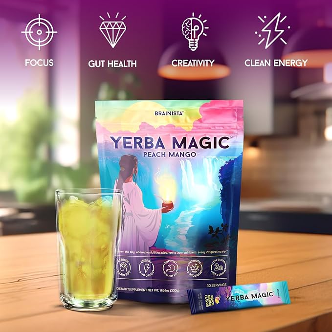 Yerba Magic Yerba Mate Powder Packets - Instant Clean Energy &amp Focus Drink Mix for Gut Health - Nootropic Blend with Lion’s Mane L-Theanine Prebiotics &amp Probiotics - Low Sugar Natural Caffei
