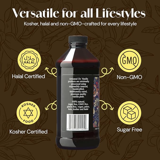 Organic Vanilla Alcohol‑Free Flavor 16 fl oz - Madagascar Bourbon vanilla 100% natural sugar‑free GMO‑free gluten‑free vegan paleo keto kosher and halal