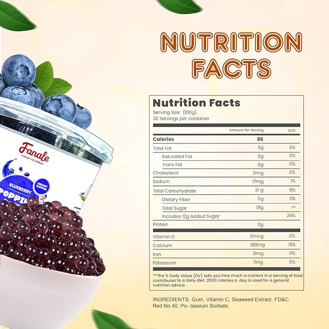 Fanale Blueberry Popping Boba Pearls Vegan Non GMO Gluten Free Fat Free Perfect for Bubble Tea Smoothies Ice Cream Desserts and Beverages.