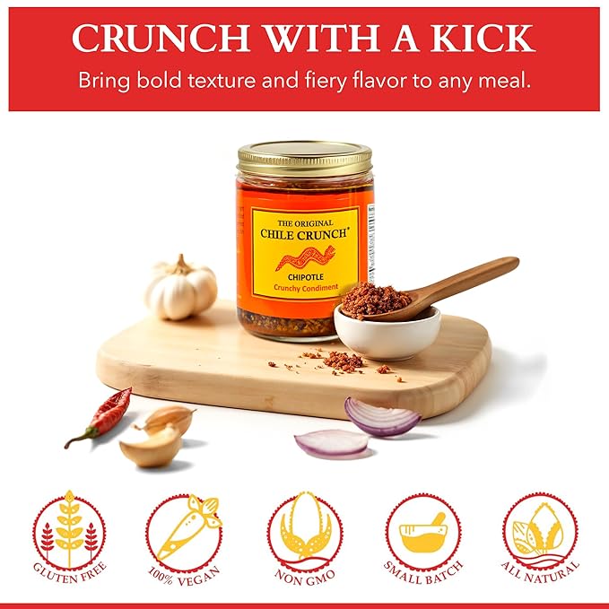 CHILE CRUNCH - Chipotle Spicy Crunchy Condiment - All Natural Roasted Chili Peppers Garlic &amp Onion Crisp Sauce - Vegan Gluten-Free No Preservatives - Homemade Authentic Mexican Recipe 5.5oz (3