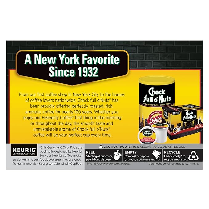 Chock Full o'Nuts Upper West Side Coffee Dark Roast Compatible with K-Cup Pods 12 CT (Pack of 3)