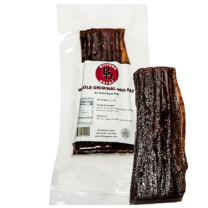 Biltong Depot Original Beef Biltong Slab with Fat – 8oz | Air-Dried Beef Jerky Snack | High Protein | Zero Sugar | Keto &amp Paleo Friendly | Gluten Free | No Artificial Preservatives | No MSG