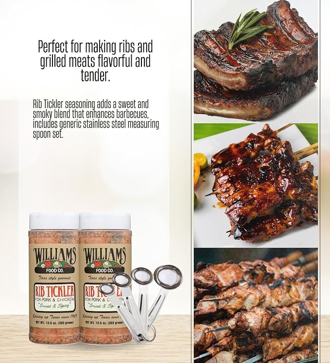 2x Williams Food Co Seasoning Rib Tickler 13.5 OZ – Bundle with Measuring Spoon Set – Includes Williams Chili Seasoning for Ideally Seasoned Ribs and Chili – Gift Set (3 Items)