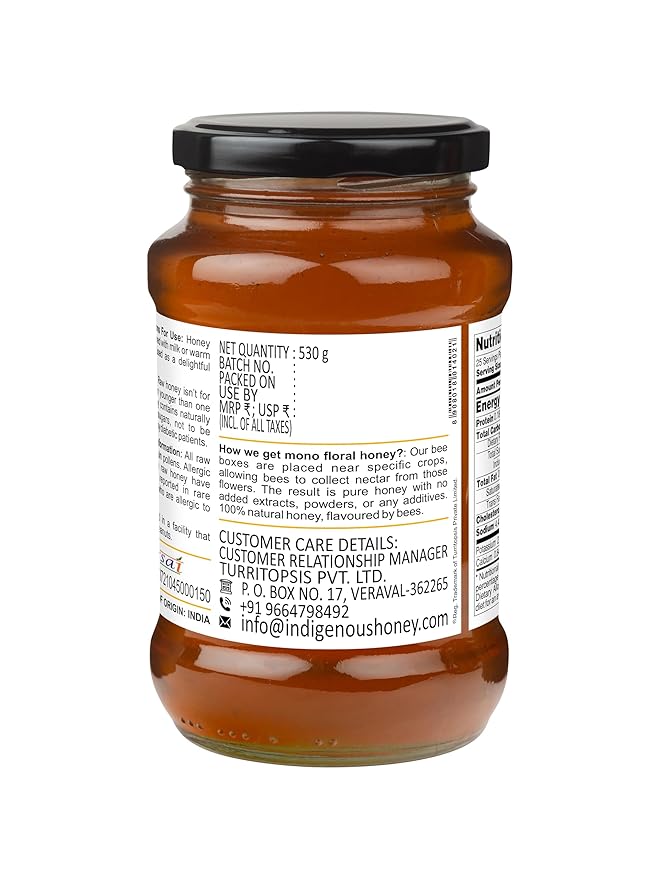 INDIGENOUS HONEY Rosewood Shisham Honey Raw Organic Natural Pure Unprocessed NMR Tested Unpasteurized Unheated 530g Glass Jar Pack of 1