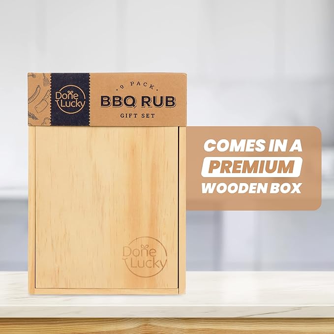 BBQ Rub Gift Set - Spice Gift Set in Premium Wooden Box - Great Grilling Gift for Father’s Day Christmas Birthday for Him Dad Men or Her - Unique Barbecue Seasonings (Set of 9)