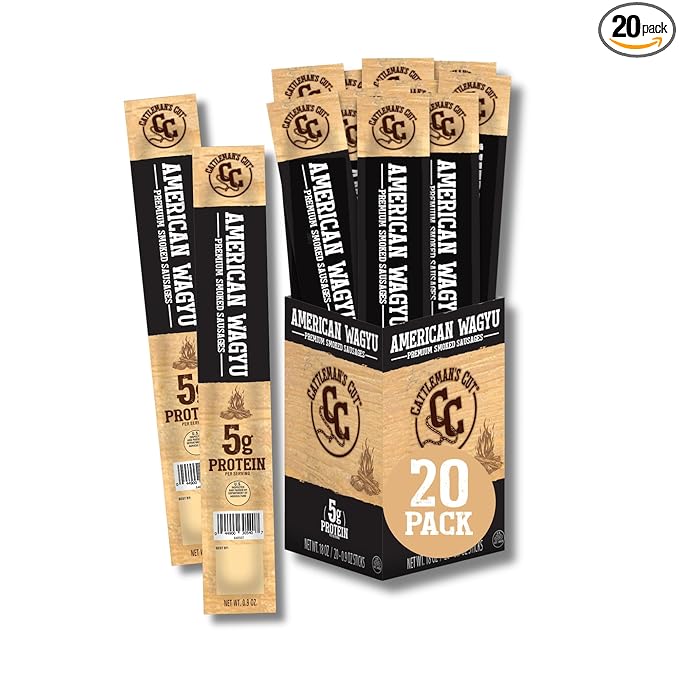 Cattleman's Cut American Wagyu Beef Sticks Premium Bulk Protein Snacks Keto Friendly Gluten Free Carnivore Travel Snack Individually Wrapped 0.9 Ounce Pack of 20