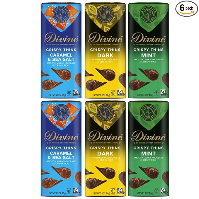 Divine Chocolate Crisp Thins Variety Pack 6-Pack | Dark Chocolate Mini Crisp Thins Milk Chocolate Caramel Crisp Thins &amp Dark Chocolate Crisp Thins | Thin Crunchy Gourmet Chocolate Snacks