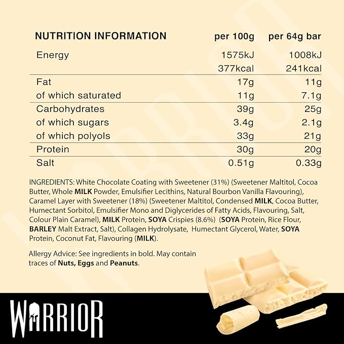 Warrior Crunch High Protein Low Carb White Chocolate Crisp Bar 64 g Pack of 12