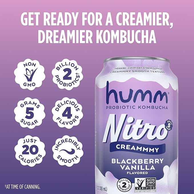 Humm Nitro Kombucha Variety Pack Creamy Smooth Probiotic Drink with L-Theanine Includes Blackberry Vanilla Orange Dream Pop &amp Strawberry Vanilla Non-GMO Vegan Gluten Free 12 fl oz (Pack of