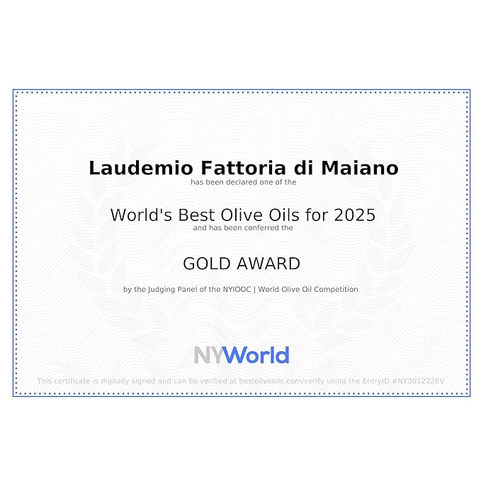 Sanniti Laudemio Organic Extra Virgin Olive Oil Fattoria di Maiano Gold Award Winner at NYIOOC World Olive Oil Competition 16.9 oz