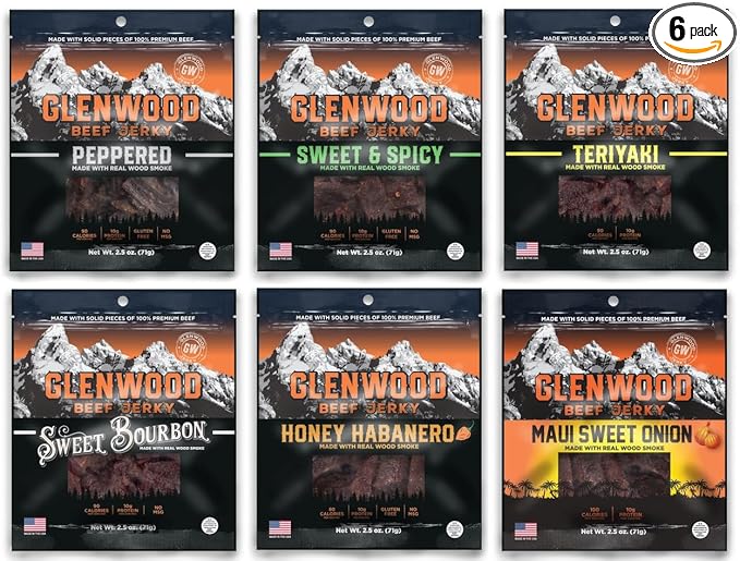 Glenwood Beef Jerky Variety Pack Sweet and Spicy Tender Beef Jerky Sampler Pack of 6 High-Protein Snack Made in the USA