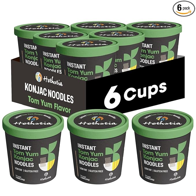 Hethstia Shirataki Noodle Tom Yum Soup Cups- 6-Pack Konjac Angel Hair Pasta Low Carb Ready-to-Eat Tom Yum Noodle Broth Low GI Healthy Asian Ramen Keto-Friendly Holiday Food Gift
