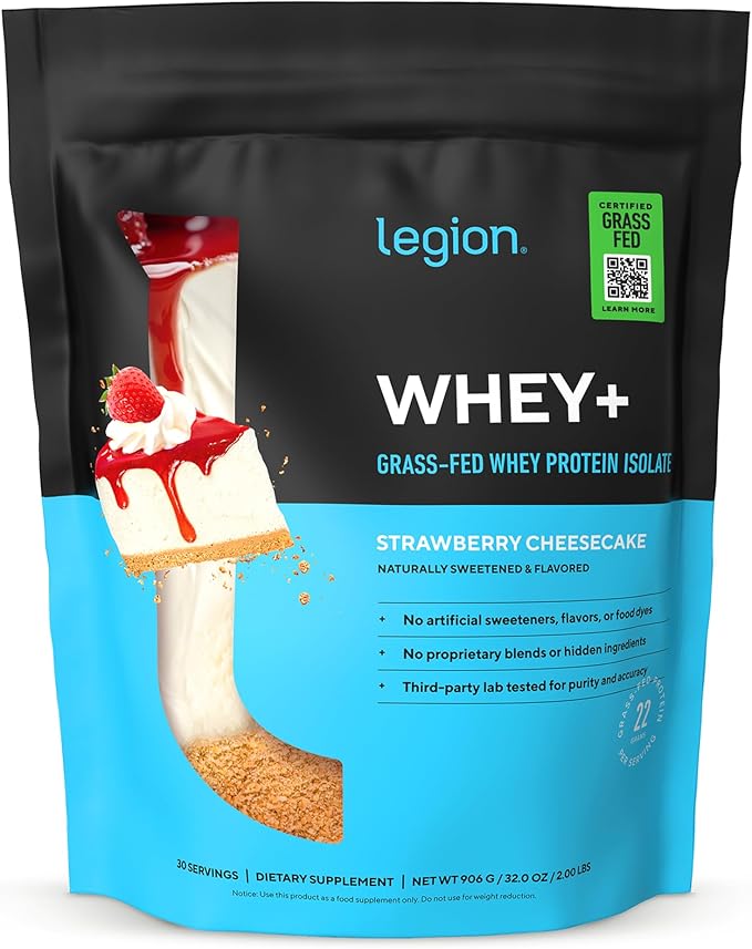 LEGION Whey+ Protein Whey Isolate from Grass Fed Cows - Whey Protein Isolate Low Calorie Non-GMO Sugar Free Lactose and Gluten Free All Natural Protein Powder 30 Servings (Strawberry Cheesecake)