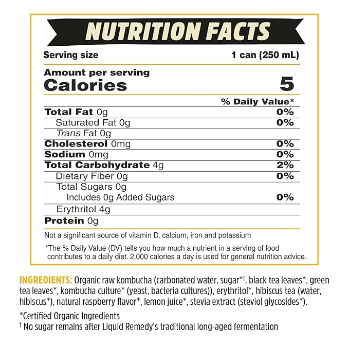 Liquid Remedy Kombucha Sugar Free Organic Drink Low Calorie Probiotic Like Tea for Gut Health - Ginger Lemon - 8.5 Fl Oz Can 24-Pack