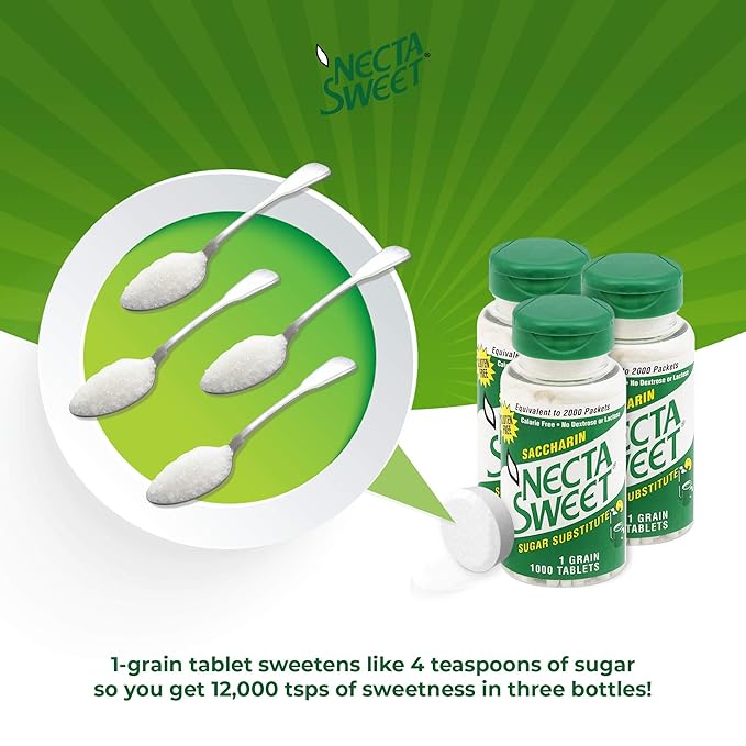 Necta Sweet 1-Grain Saccharin Tablets - Zero-Calorie Sugar Substitutes (3-Pack 1000-Tablet Bottle)