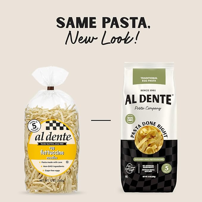 Al Dente Golden Egg Fettuccine – All-Natural Hand-Crafted Egg Pasta. Traditional Pasta Noodles Made with Cage-Free Eggs and Semolina. Great for Pastas Soups Stews. 12oz Bags (Pack of 6)
