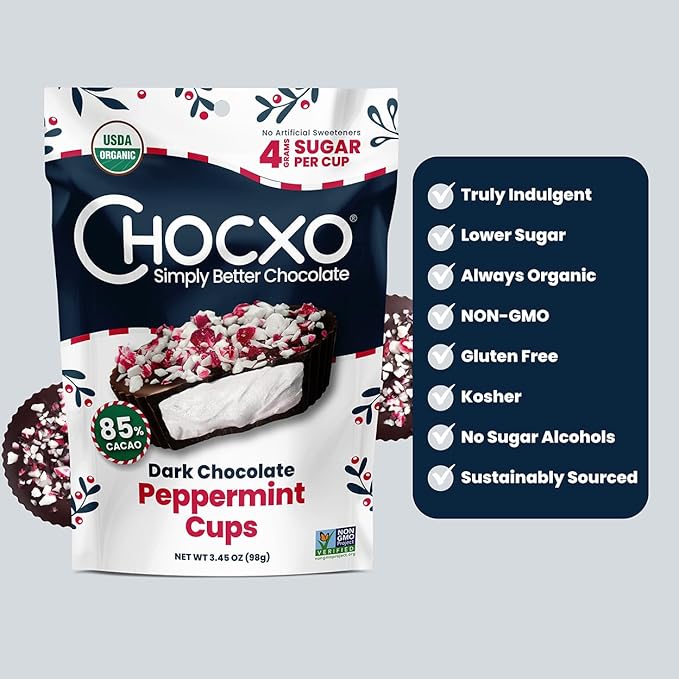 Chocxo Dark Chocolate Peppermint Cups - Lower Sugar Christmas Candy 85% Organic Cacao NonGMO Keto Gluten Free Kosher. No Artificial Sweeteners/Sugar Alcohols 3.45 oz (Pack of 6)