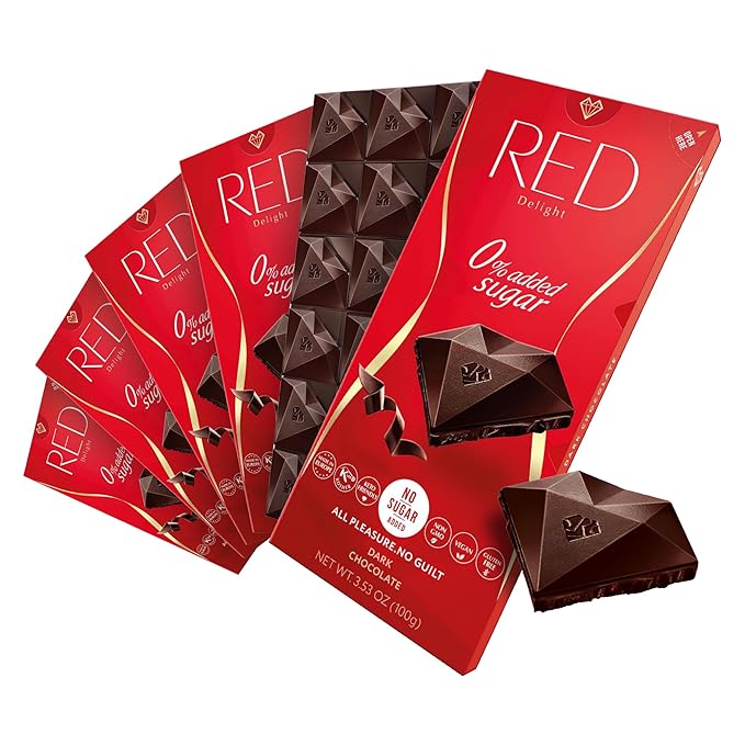Red Delight Dark Chocolate Bars - 3.53 oz Pack of 6 - Full-Size Keto-Friendly - Low Carb Kosher Gluten-Free No Added Sugar - Smooth Creamy Vegan Chocolate from Europe