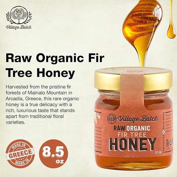 Village Batch Raw Organic Fir Tree Honey 8.5oz Jar (Pack of 1) Unfiltered and Unpasteurized Greek-Honey from Mainalo Mountain Smooth Texture with Vanilla and Conifer Notes