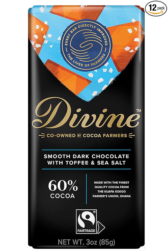 Divine Chocolate Bars - 60% Dark Chocolate with Toffee &amp Sea Salt - Made with Fairtrade Cocoa Natural Ingredients No Artificial Flavors | 3oz. Bars (12 Pack)