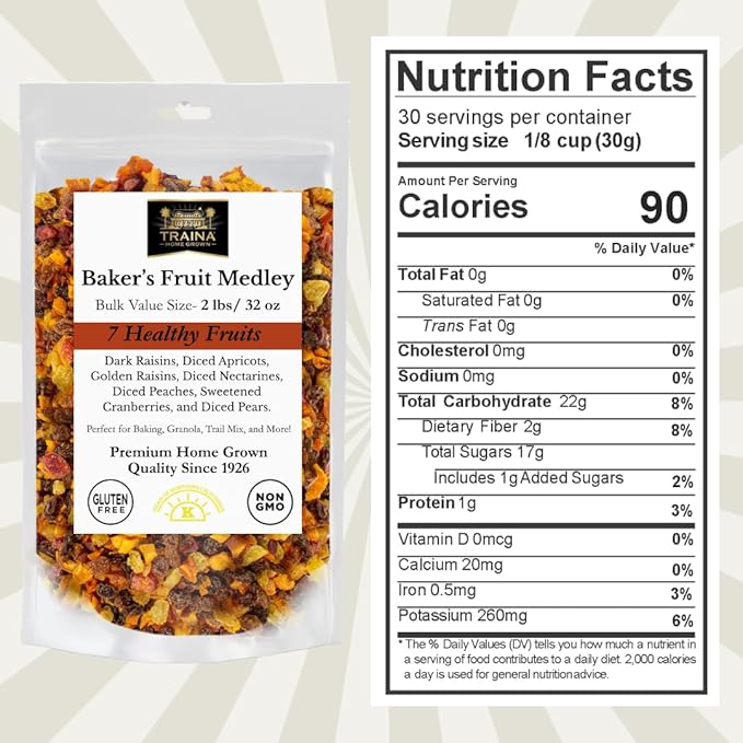 Traina Home Grown Baker’s Dried Fruit Medley - Raisins Apricots Peaches Nectarines Pears Sweetend Cranberries - Non GMO Gluten Free Vegan Healthy Real Fruit Snack in Resealable Pouch (2 lbs)