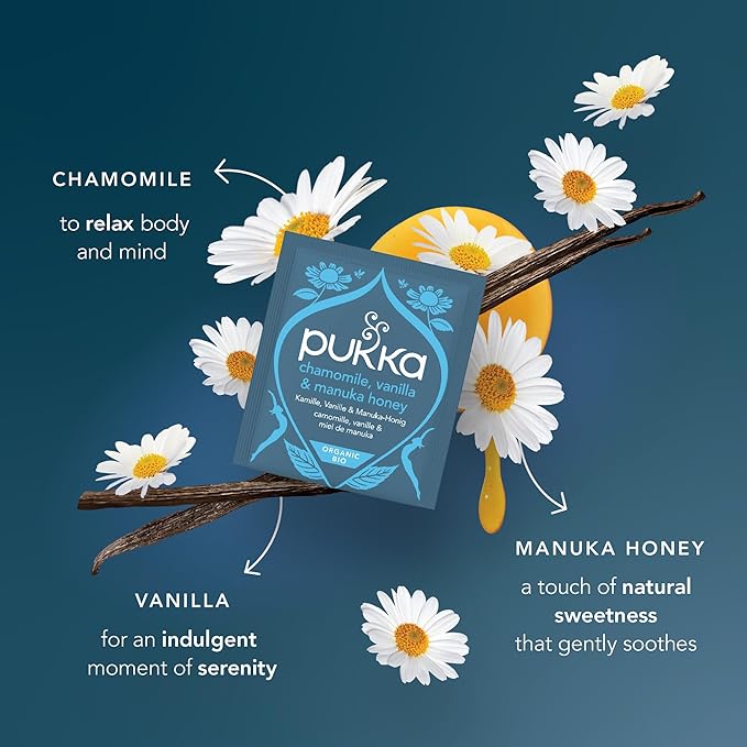 Pukka Calming Chamomile Vanilla &amp Manuka Honey Organic Herbal Tea Soothing Organic Tea Infusion Selection Honey &amp Fennel Blend Caffeine Free 80 Total Bags (20ct - Pack of 4)