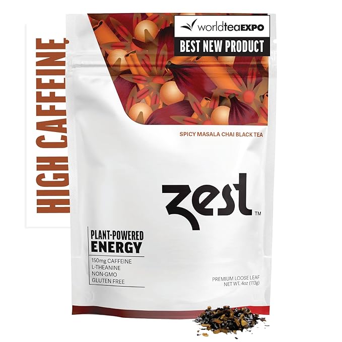 Zest Energy Black Tea - Spicy Masala Chai Loose Leaf Blend - High Caffeine Cardamom Ginger Tea with Cinnamon - Caffeinated Coffee Altnernative - Natural Non-GMO &amp Keto - 50 Servings - 150mg Caf