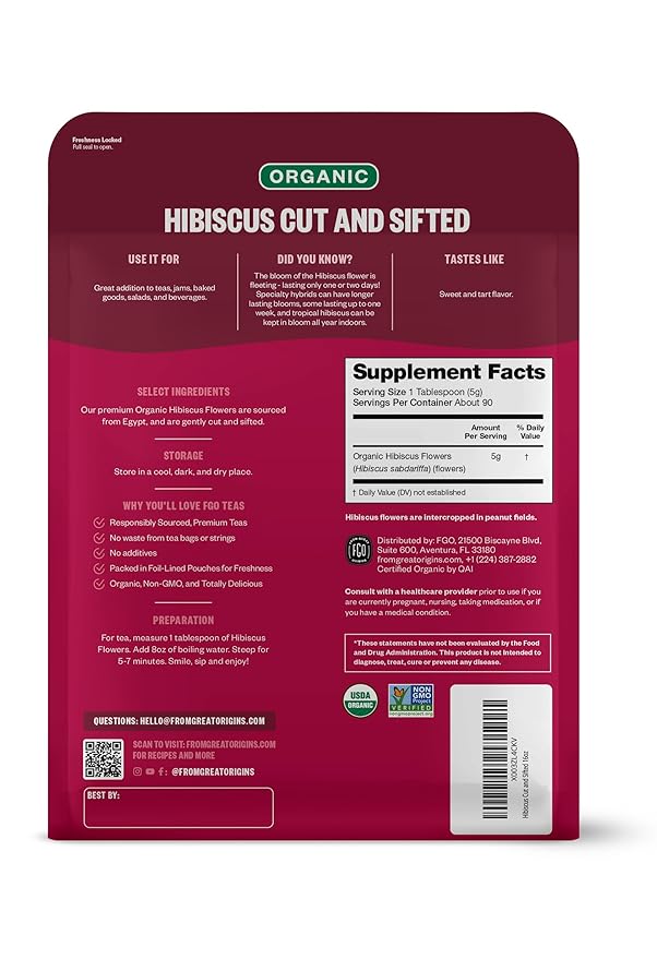 FGO Organic Hibiscus Flowers Cut and Sifted 16oz Bulk Resealable Bag Packaging May Vary (Pack of 1)