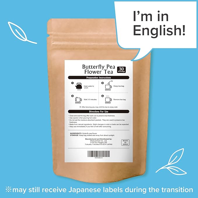 Onkatsu Farm Butterfly Pea Flower Premium Japanese Tea Bags Mellow Woody Flavor Hot or Iced Caffeine Free 30 Total Tea Bags