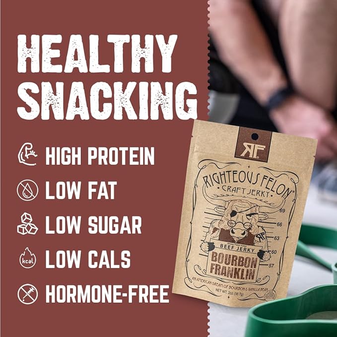 Righteous Felon Beef Jerky - Bourbon Franklin Flavor - All-Natural Bourbon Jerky - Locally Sourced &amp Dried Beef - Low-Sugar High-Protein Healthy Snacks - 2 Ounces Each Pack of 3