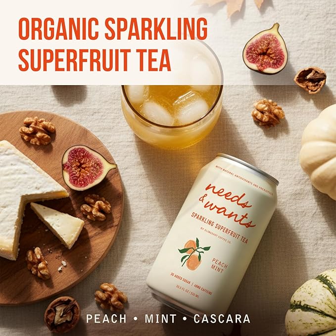 Needs &amp Wants Sparkling Tea - Peach Mint 10.5oz Cans (12 Pack) | Organic Superfruit Tea with Cascara Sweet Peach &amp Cooling Mint Lightly Sweet with Refreshing Summer Flavor and Natural Caffe