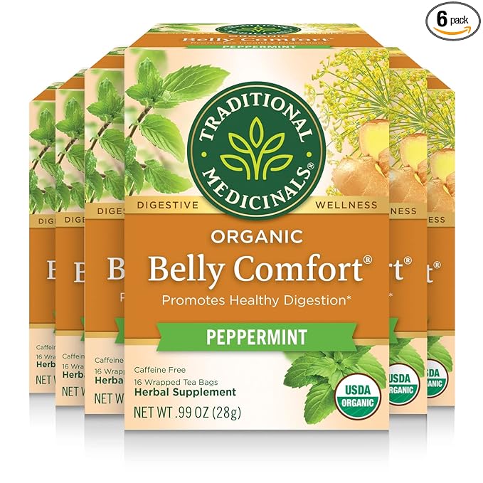 Traditional Medicinals Organic Belly Comfort Peppermint Tea Kosher Non-GMO Caffeine-Free Compostable - 96 Tea Bags (6 Pack)