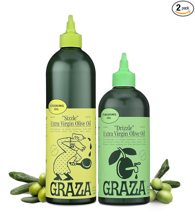 Graza Extra Virgin Olive Oil Variety Pack Sizzle &amp Drizzle - High Polyphenol Peak Harvest EVOO Cooking &amp Finishing Oil in a Squeeze Bottle - Single Farm Olives from Spain